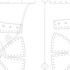 May include: A white sewing pattern template featuring black outlines of leather or fabric pieces labeled A-1, A-2, R3, R4, and L3. The design includes pre-marked stitching holes and circular punch guides, with a 3-inch ruler visible at the top for scale.