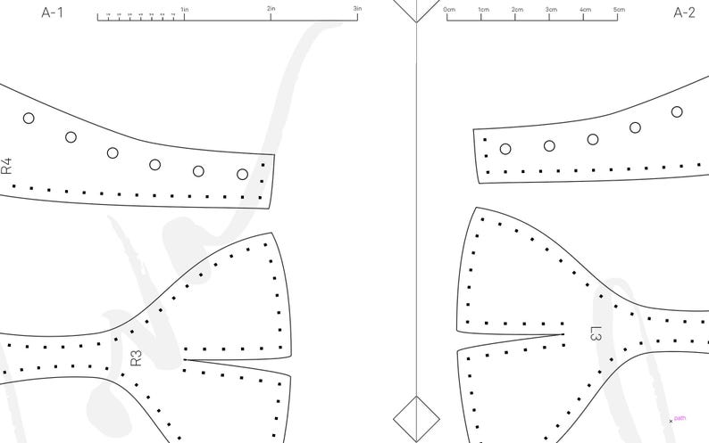 May include: A white sewing pattern template featuring black outlines of leather or fabric pieces labeled A-1, A-2, R3, R4, and L3. The design includes pre-marked stitching holes and circular punch guides, with a 3-inch ruler visible at the top for scale.