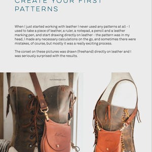 May include: Two brown leather bags with a strap and a flap closure. The bags are hanging on a brown leather corset. The bags have the word "karlovadesign.com" embossed on them.