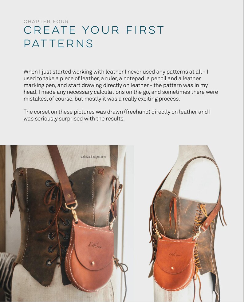 May include: Two brown leather bags with a strap and a flap closure. The bags are hanging on a brown leather corset. The bags have the word "karlovadesign.com" embossed on them.