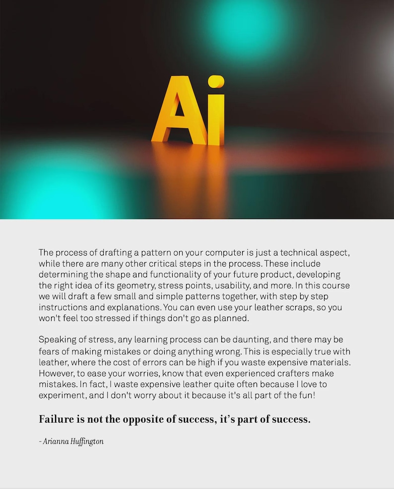 May include: A 3D rendering of the letters "Ai" in a bright yellow color against a dark background with a blue and red gradient. The text "Failure is not the opposite of success, it's part of success." is displayed below the letters, attributed to Arianna Huffington.
