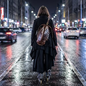 May include: A brown leather backpack shaped like a large cockroach with segmented body details and a single shoulder strap, worn over a black layered jacket and black trousers, with inline skates visible at the bottom of the frame.