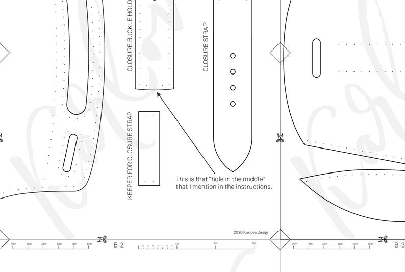 Op de afbeelding: Een zwart-wit digitaal naaipatroon met contouren voor een sluitingsriem, gesphouder en riemlus. Bevat tekstlabels, een liniaal van 12 cm, schaarpictogrammen en een opmerking over een gat in het midden van het patroonontwerp.