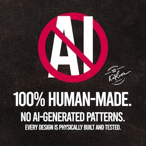 May include: A black textured background featuring a large white AI text with a red prohibition circle overlay. Text reads: 100% HUMAN-MADE. NO AI-GENERATED PATTERNS. EVERY DESIGN IS PHYSICALLY BUILT AND TESTED. Includes a small circular Karlova logo.