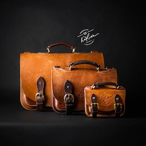 Modelli di lavoro in pelle serie Cognac 3 in 1, modello per valigetta, borsa per laptop, borsa a tracolla, messenger, modello per borsa da cintura, download PDF
