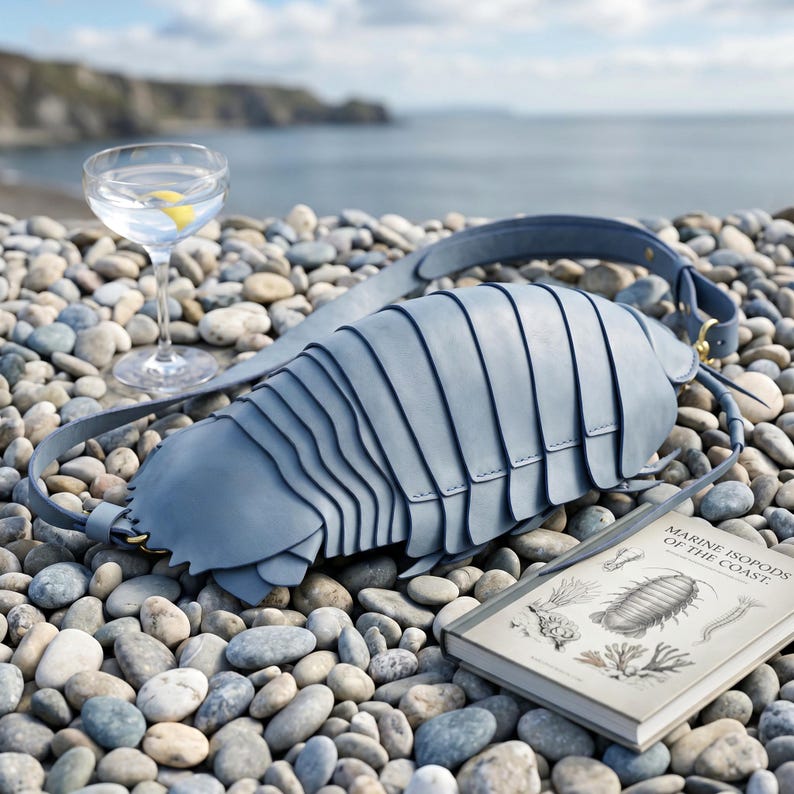 May include: A light blue shoulder bag shaped like a segmented marine isopod with a long adjustable strap, gold-toned metal hardware, and a smooth matte finish, accompanied by a book titled Marine Isopods of the Coast and a glass of water.