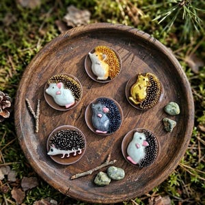 May include: A wooden tray displays six hedgehog figurines in various colours, including white, grey, and gold, each with a spiky back. The figurines are set on small, round, brown bases. The tray is surrounded by natural elements.