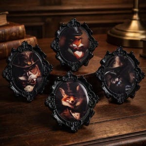May include: Four oval black ornate frames containing portraits of anthropomorphic animals dressed in formal attire. Each frame features intricate scrollwork and filigree details. The portraits depict a fox, an owl, and other creatures wearing top hats and bow ties, presented in a dark, moody aesthetic with rich brown and black tones.