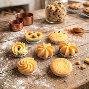 May include: A collection of seven distinct biscuit-shaped phone grips arranged on a wooden surface. The grips feature various designs including a pretzel, a round biscuit with chocolate chips, and several piped dough shapes in light tan colours.