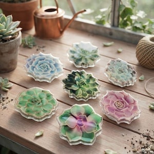 May include: A collection of seven clear, hexagonal acrylic coasters, each featuring a high-resolution, realistic print of a different succulent plant in shades of green, blue, pink, and white, arranged on a light-colored wooden surface.