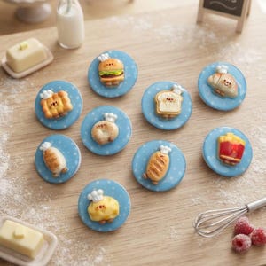May include: A collection of nine circular blue buttons with white polka dots, each featuring a miniature food item wearing a tiny white chef hat. The food items include a burger, toast, croissant, bagel, baguette, fries, and various baked goods.