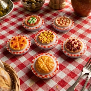 May include: A collection of miniature pizza-shaped coasters on a red and white checkered tablecloth. Each coaster features a different pizza topping, including pepperoni, vegetables, and cheese. The coasters are arranged around a basket of bread and a bowl of olives.