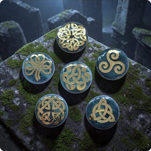 May include: A collection of six round, teal-colored glass stones with gold Celtic knot designs. The stones are arranged on a moss-covered surface, with a blurred background of stone structures.