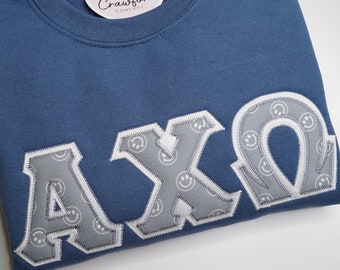 Denim Smiles Sorority Chapter Greek Letter Sweatshirt | Chi Omega | Greek Letters | Stitched Letter Sweatshirt