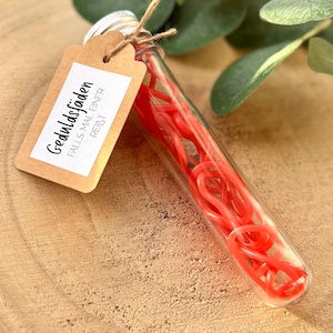 Könnte beinhalten: Ein klares Glasröhrchen mit silbernem Verschluss, gefüllt mit roten, geschlungenen Gummibändern. Ein kleines braunes Etikett ist mit Schnur am Röhrchen befestigt und zeigt den Text "Geduldsfäden FALLS MAL EINER REIBT".