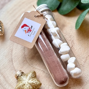 Könnte beinhalten: Zwei transparente Glasröhrchen mit Zutaten für heiße Schokolade. Ein Röhrchen enthält braunes Pulver, das andere weiße Marshmallows. Ein kleines Etikett mit einem Schneemann-Motiv und dem Text "Schneemann-Suppe" ist angebracht. Ein goldener Glitzerstern-Ornament ist ebenfalls vorhanden.