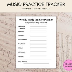Może przedstawiać: Biały, drukowany tygodniowy planer ćwiczeń muzycznych z napisem "Music Practice Tracker" na górze. Planer zawiera sekcje na każdy dzień tygodnia i miejsce na zapisanie, co się poprawiło.