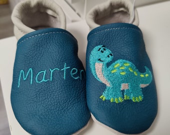 Lederpuschen Krabbelpuschen Krabbelschuhe Lauflernschuhe Handmade Geschenke geburt Dino Dinosaurier