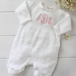 Monogrammed Girls Take Home Romper Outfit Knitted, Baby Girl Personalized Outfit, Coming home outfit, Baby shower gift idea, Layette Onesie