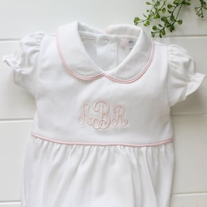 Baby Girls Pima Cotton Bubble Romper, Customized Baby Girls Romper, Baby Loren White Romper Pink Trim, Infant Girls Bubble Peter Pan Collar