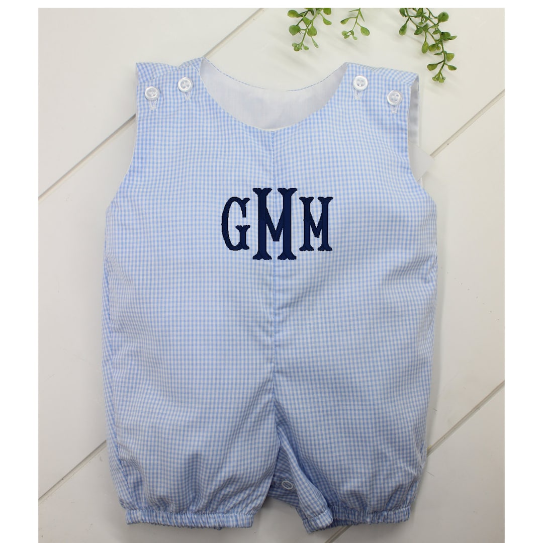 Baby Boys Blue Gingham Romper Personalized Outfit, Cute Infant Boys ...