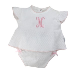 Paty Girls Diaper Set White Pink Angel Wing Sleeves, Monogrammed Baby Girls Outfit, Knitted Diaper Set Personalized Layette Set