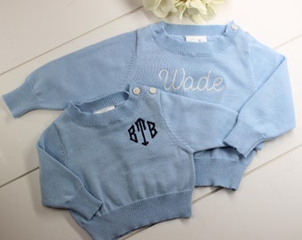 Baby Boy Sweater Monogram, Blue Pullover Personalized Sweater, Boy Girl Embroidered Sweater, Infant Monogram Sweater, Knit Baby Gift Winter