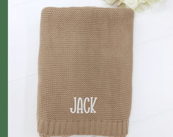 Personalized Knitted Baby Blanket Coffee Brown, Monogram Stroller Blanket, Warm Baby Shawl Blanket for Fall,