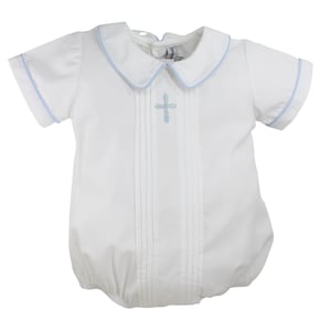 Baby Boys White & Blue Dressy Romper, Dedication Outfit with Cross, Cute Infant Boys Embroidered Bubble, Baptism Christening Outfit