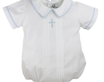 Baby Boys White & Blue Dressy Romper, Dedication Outfit with Cross, Cute Infant Boys Embroidered Bubble, Baptism Christening Outfit