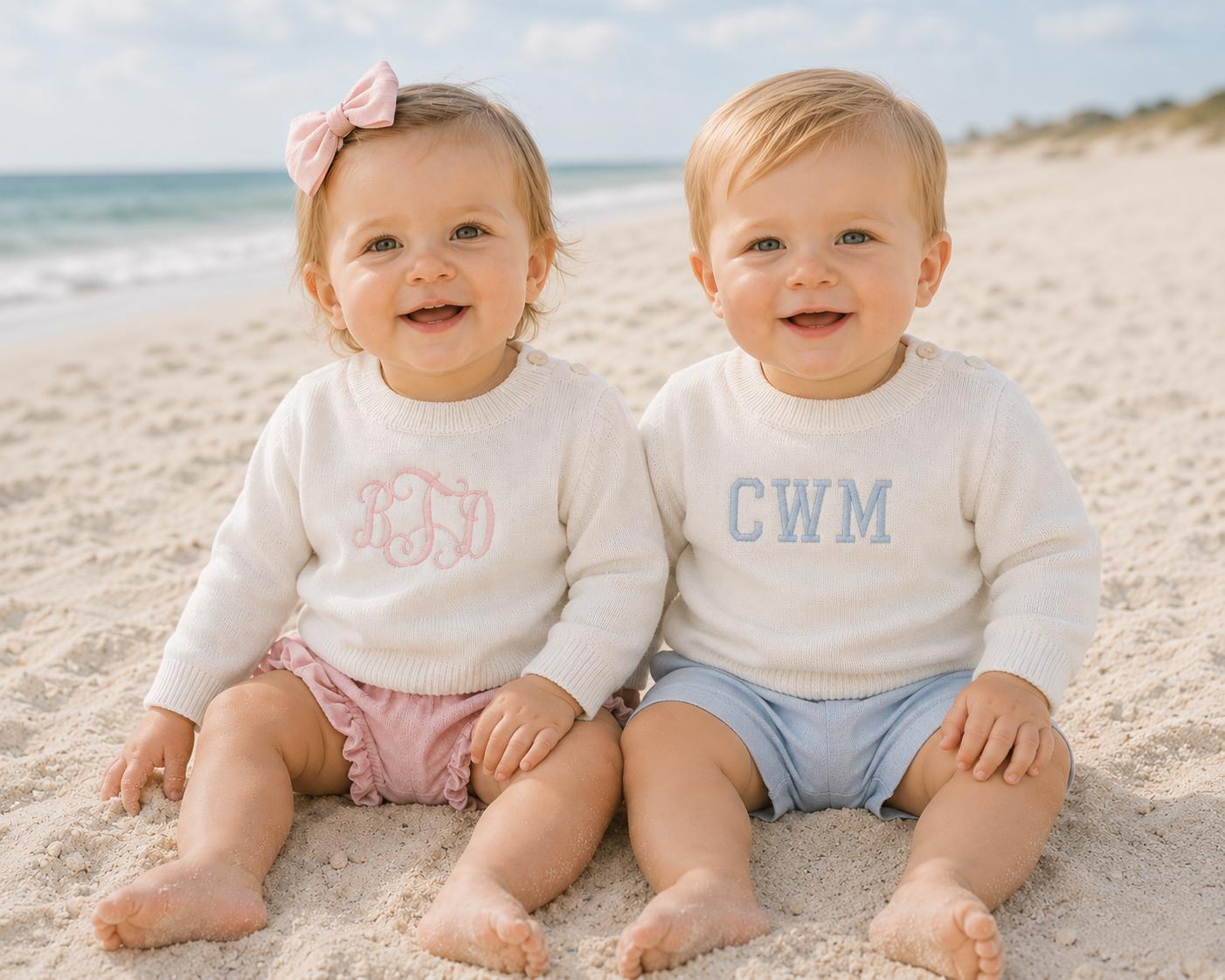 Monogrammed Baby Sweater White Crewneck Pullover for Beach Toddler