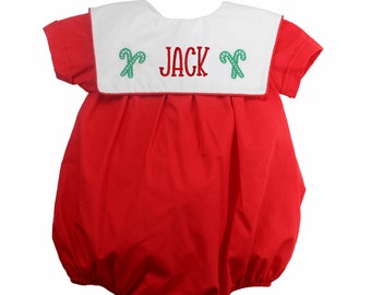 Baby Boys Christmas Outfit Red Bubble Romper Monogrammed Collar, Holiday Outfit Infant Boy, Baby Boy Romper Name Collar
