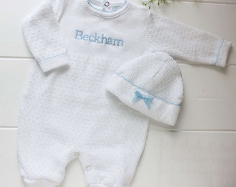 Paty Inc Baby Boys Romper White Blue Trim, Coming Home Knitted Layette Sleeper, Personalized Outfit Baby Gift