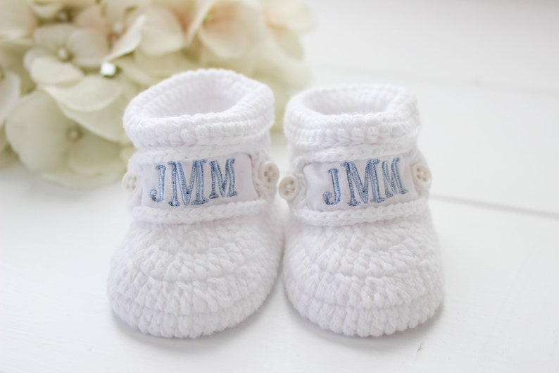 Personalized Baby Booties, Baby Boy Girls Monogram Shoes, Crochet Take Home Bootie Socks, Personalized Baby Gift Keepsake image 2