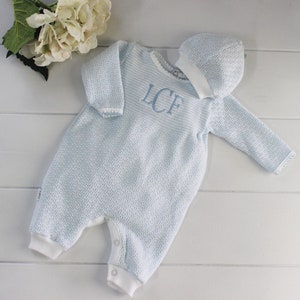 Paty Boys Blue Take Home Outfit, Baby Boy Personalized Pajama Sleeper, Coming home outfit, Baby shower gift idea, Knitted Baby Boy Outfit