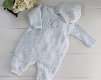 Paty Boys Blue Take Home Outfit, Baby Boy Personalized Pajama Sleeper, Coming home outfit, Baby shower gift idea, Knitted Baby Boy Outfit