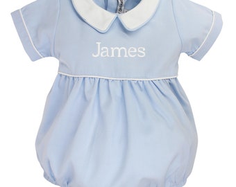 Barboteuse habillée personnalisée bleue pour bébé garçon, tenue d'église de portrait, bulle monogrammée pour bébé garçon mignon, héritage premier anniversaire de dédicace