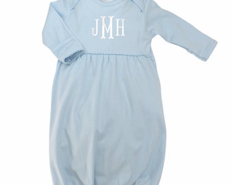 Newborn Gown Baby Boy Personalized Blue, Baby Boys Coming Home Gown Pima Cotton, Monogrammed Take Home Outfit, Layette, Customized
