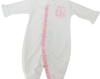 Baby Girls White Pink Footie Take Home Outfit Ruffle Trim, Hiccups Baby Girls Coming Home Footed Sleeper, Personalized Layette Sets Newborn