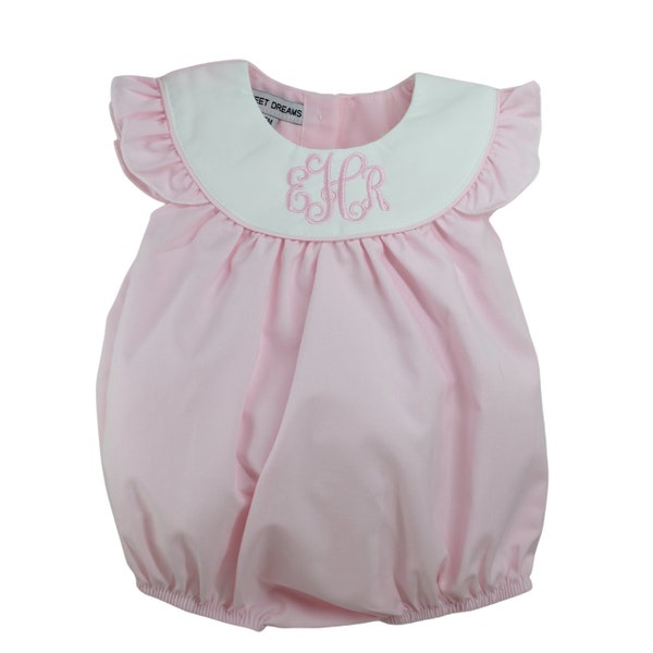 Baby Girls Pink Monogram Bubble Romper Outfit Angel Wing Sleeves, Personalized Summer Dressy One Piece Sleeveless Portrait Outfit