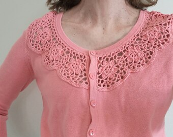 Cardigan: Crochet Top / Jumper / Knitted Jumper / Embroidered / Apricot / Pink / Button / Vintage Cardigan / Boho / Retro / Size 12 / Womans