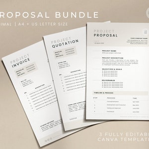 Könnte beinhalten: Drei minimalistische, bearbeitbare Canva-Vorlagen für Projektvorschläge, Rechnungen und Angebote. Jede Vorlage verfügt über ein schlichtes, sauberes Design mit schwarzem Text auf weißem Hintergrund.