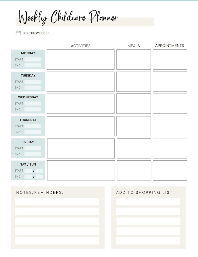 Au Pair and Nanny Weekly Childcare Planner - Etsy