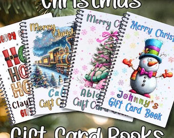 6 Page Personalized Christmas 5x7 Gift Card Book with Stickers and PVC Cover - Gnome Ho Ho Ho, Train, Pink Tortoise, Christmas Snowman.