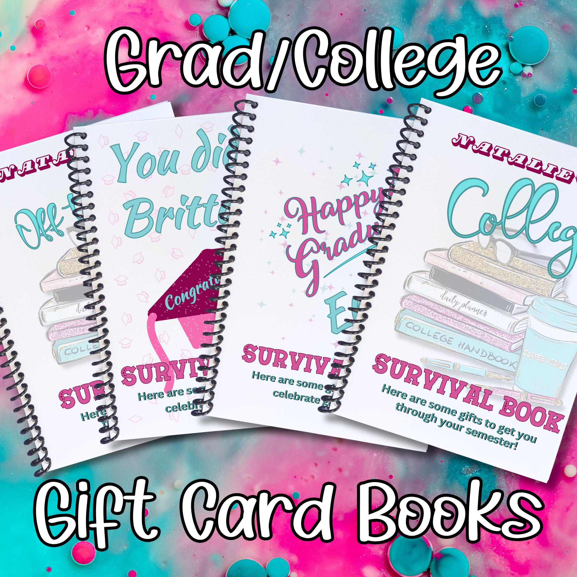 Personalized Grad / College / Off to School 5x7 Gift Card Book with Stickers and PVC Cover - Pink & Teal