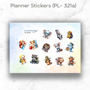 May include: A sheet of planner stickers featuring adorable animal illustrations with school-themed accessories. The stickers include a squirrel, a hamster, a hedgehog, a mouse, a dolphin, a penguin, an owl, a duck, a raccoon, a dog, and a cow. The stickers are designed in a colorful cartoon style and are perfect for adding a touch of whimsy to your planner.