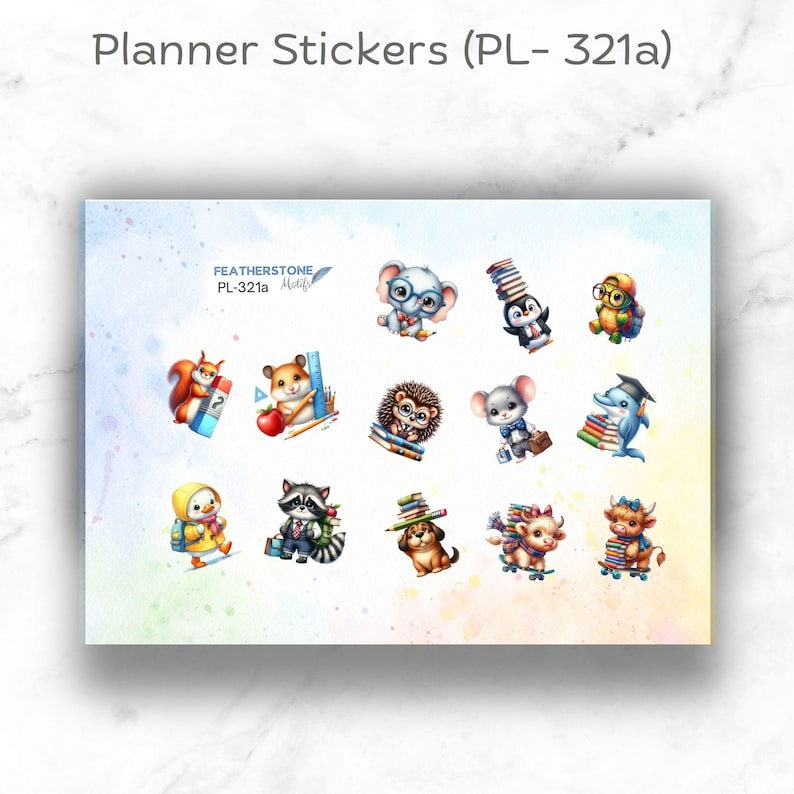 May include: A sheet of planner stickers featuring adorable animal illustrations with school-themed accessories. The stickers include a squirrel, a hamster, a hedgehog, a mouse, a dolphin, a penguin, an owl, a duck, a raccoon, a dog, and a cow. The stickers are designed in a colorful cartoon style and are perfect for adding a touch of whimsy to your planner.