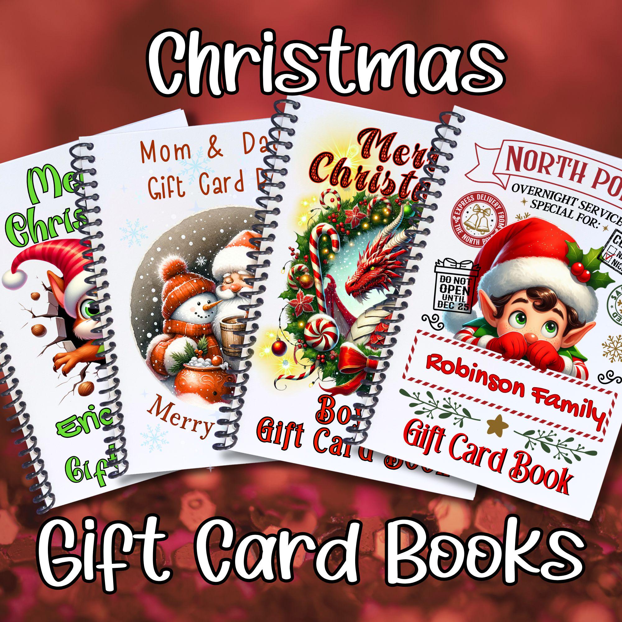 Personalized Christmas 5x7 Gift Card Book with Stickers and PVC Cover - Chipmunk, Santa & Snowman, Dragon, and Male Elf