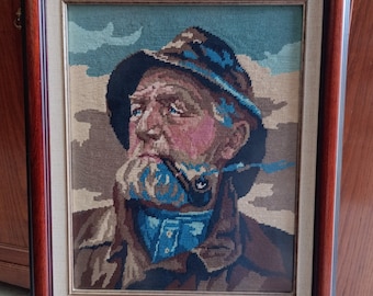 Vintage Petit Point Painting, "The Fisherman", Harry Haerendel. Gobelin. Gobelin Hand Made Goblen Goblin Cross Stitch.