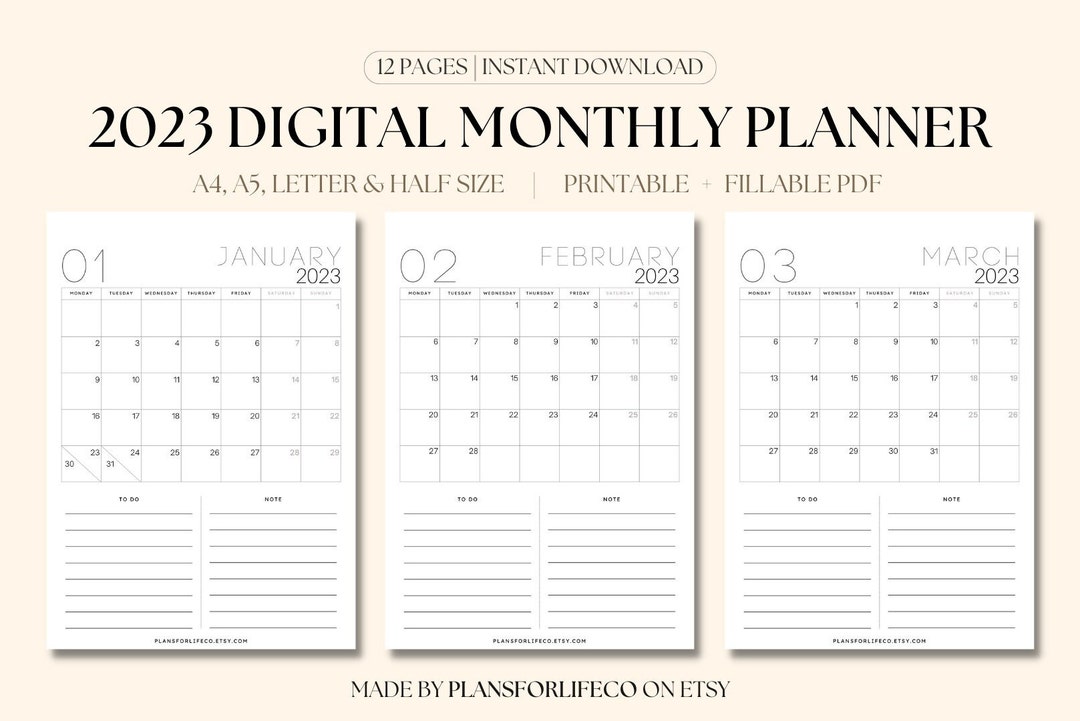 2023 Digital Monthly Planner Printable Planner Planner Set Planner